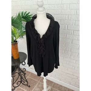 Oscar de la Renta Ruffle Neck Sweater Women 3X Black Excellent V-Neck Pullover
